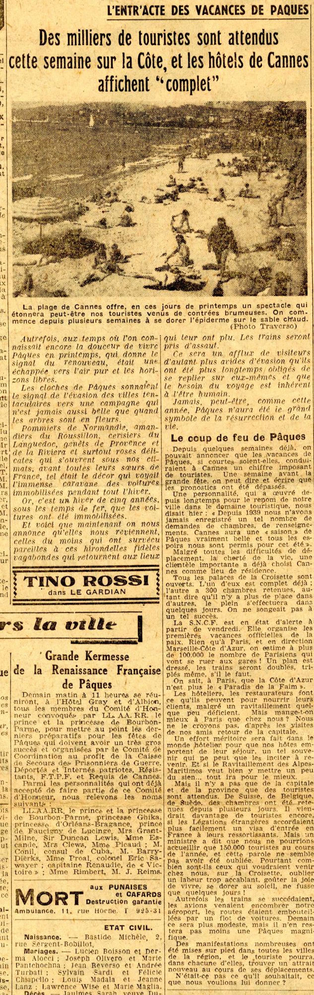 « L’entracte des vacances de Pâques », Nice-Matin, n° du 14 avril 1946. AMC, PER20