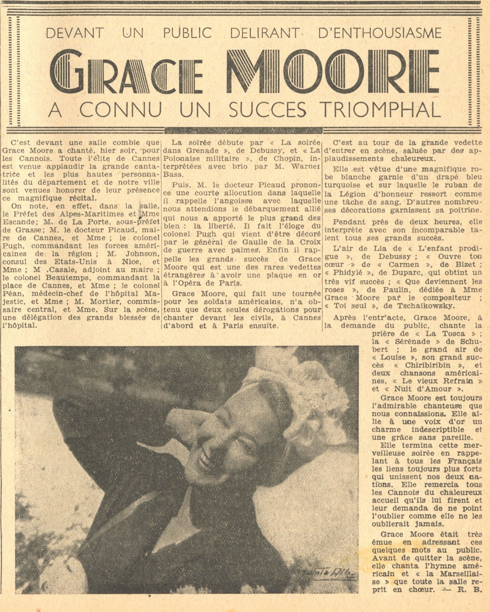 « Grace Moore a connu un succès triomphal », L’Avenir de Cannes et du Sud-Est, 20 juillet 1945. AMC, Dépôt Maestroni