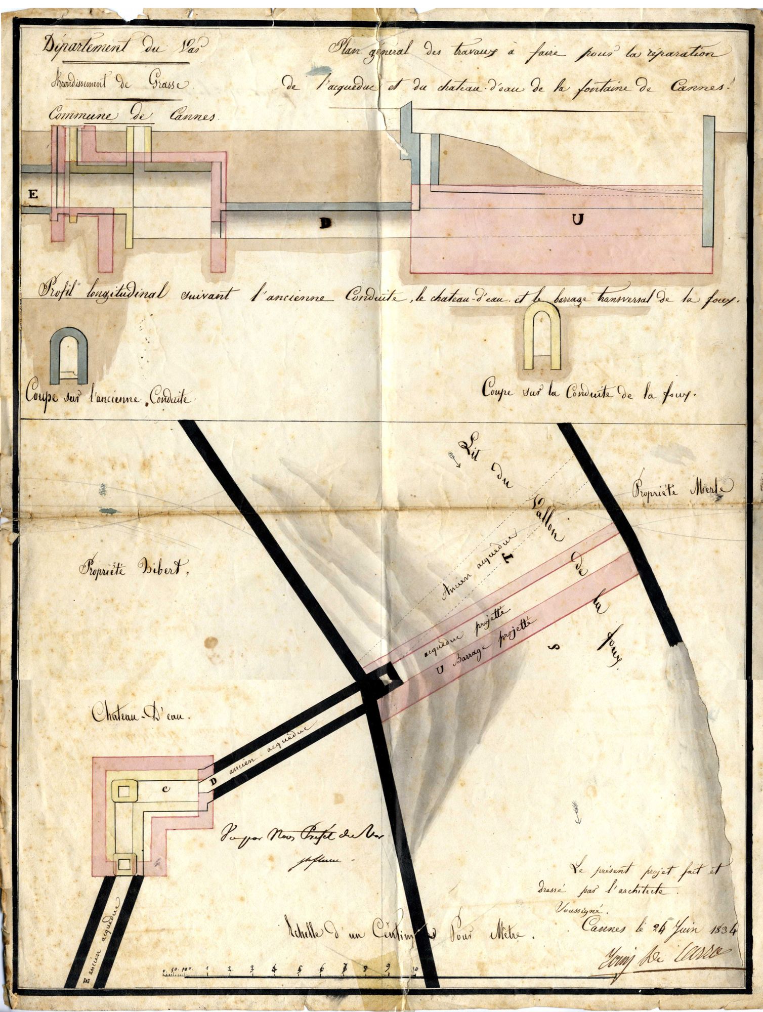Plan général des travaux à faire pour la réparation de l’aqueduc et du château d’eau de la fontaine de Cannes dressé par l’architecte le 24 juin 1834. AMC, 6O1.