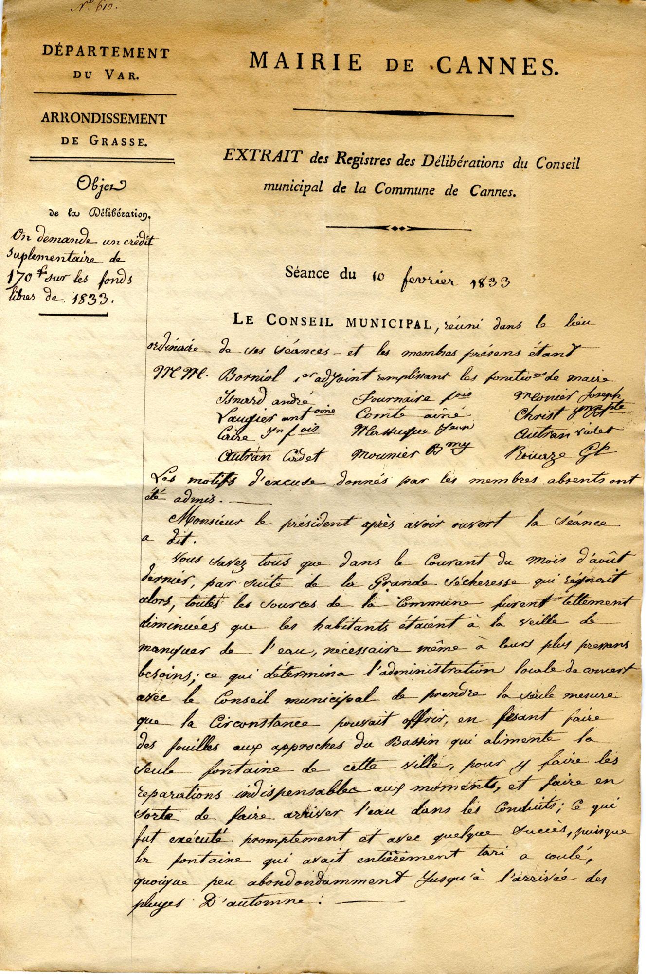 Fouilles aux abords des conduites qui alimentent la seule fontaine de la ville suite à une grande sécheresse. Délibération du conseil municipal, séance du 10 février 1833. AMC, 6O1.