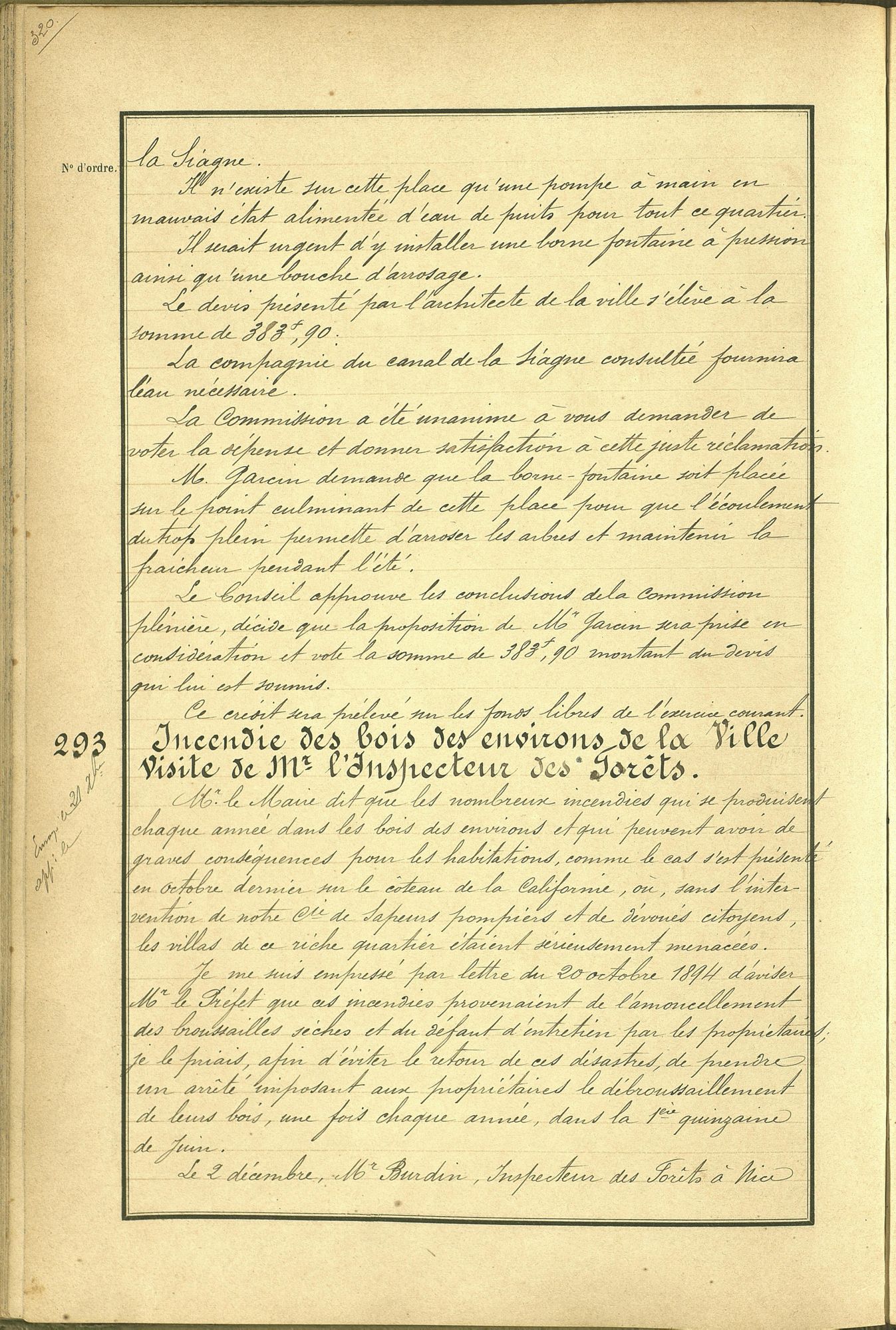 Délibération du conseil municipal, séance du 14 décembre 1894. AMC, 1D35