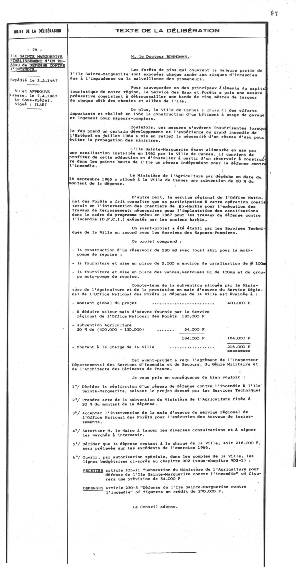 Etablissement d’un réseau de défense contre l’incendie, île Sainte-Marguerite Délibération du conseil municipal, séance du 27 janvier 1967. AMC, 90W17.