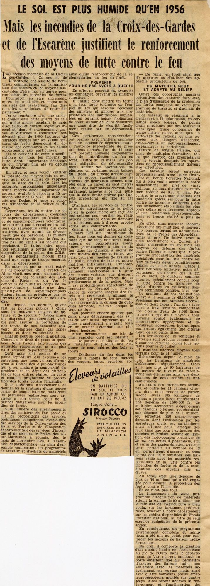 Mesures prises pour renforcer des moyens de lutte suite aux incendies de la Croix-des-Gardes et de l’Escarène. L’Espoir, n° du 25 juillet 1957. AMC, 10W9.