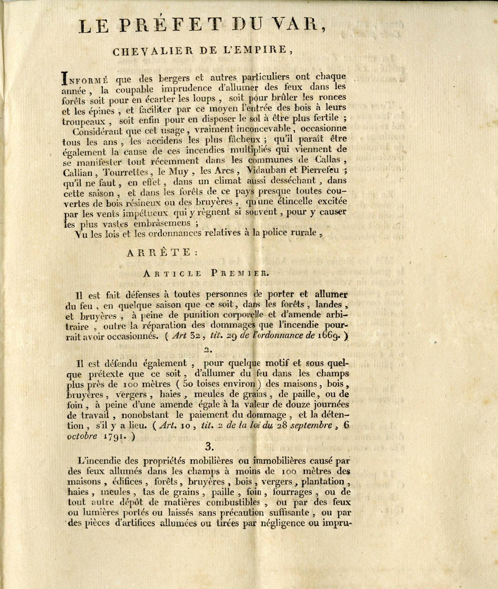 Usage du feu, restrictions imposées aux bergers et autres particuliers. Arrêté préfectoral du 24 août 1812. AMC, 1J65.