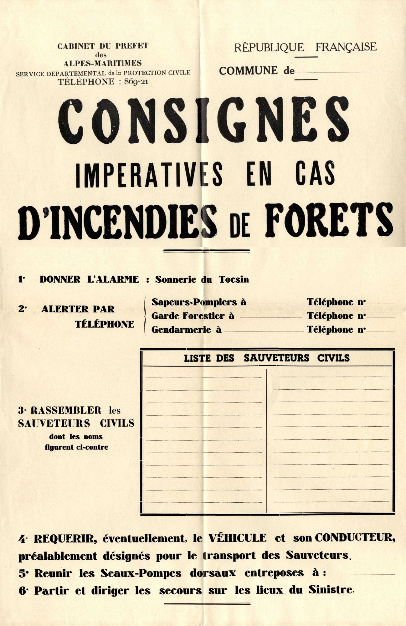 Affiche présentant les consignes à respecter en cas d’incendie, vers 1950. AMC, 1W164.