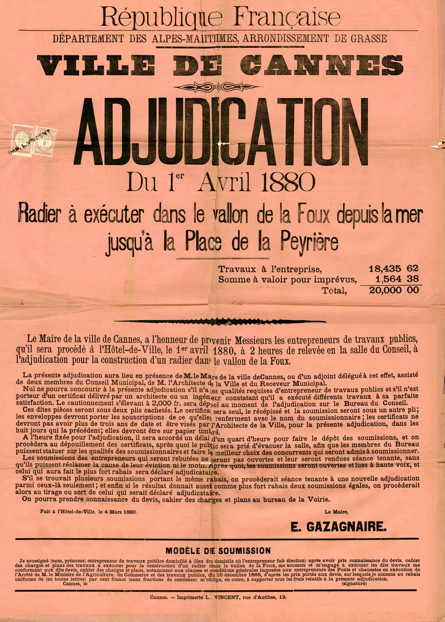 Adjudication du 1er avril 1880. Radier à exécuter dans le vallon de la Foux de la mer jusqu’à la place de la Peyrière, 4 mars 1880. AMC, 7O7.