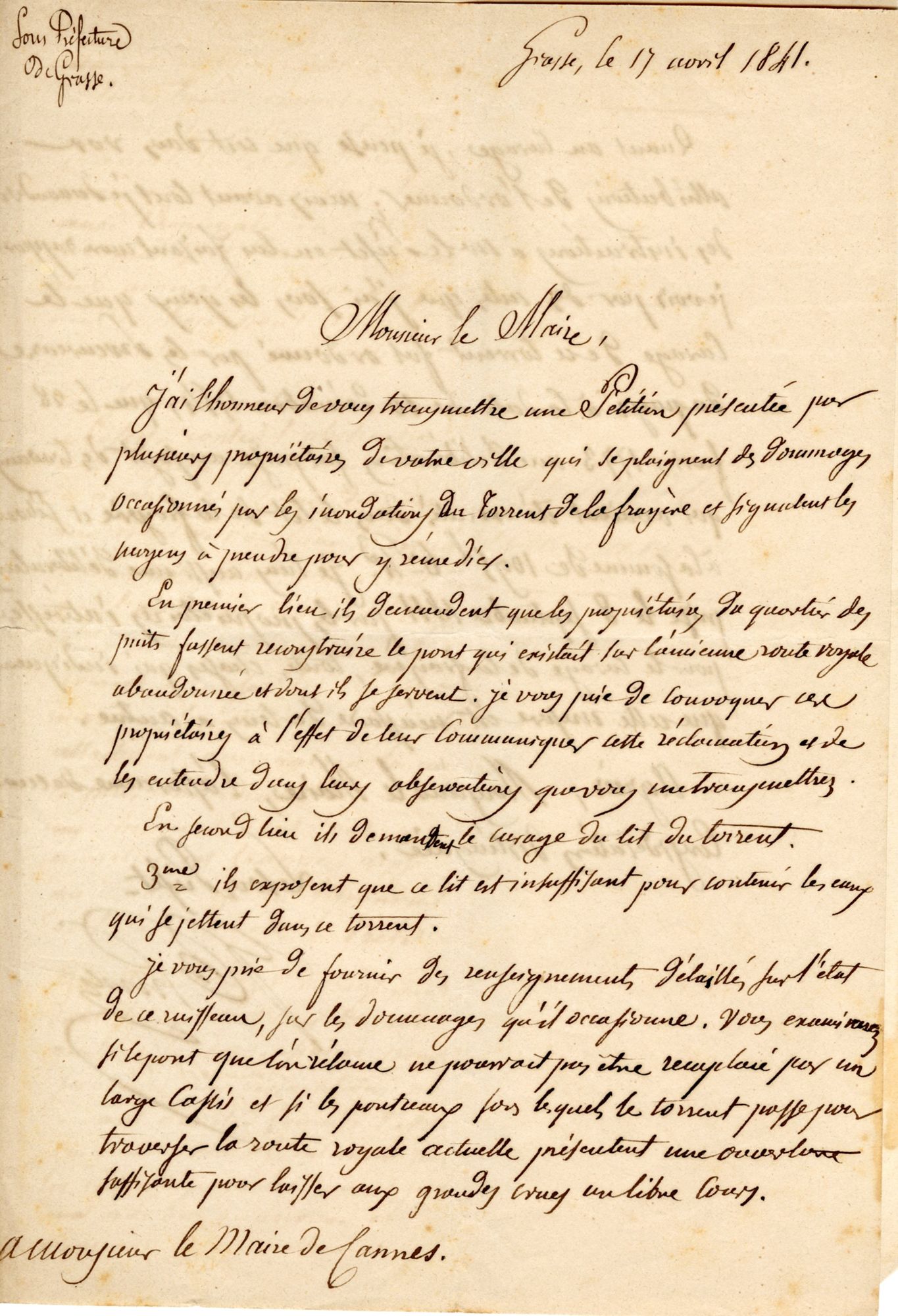 Lettre du sous-préfet de Grasse adressée au maire de Cannes, 17 avril 1841. AMC, 1J69.