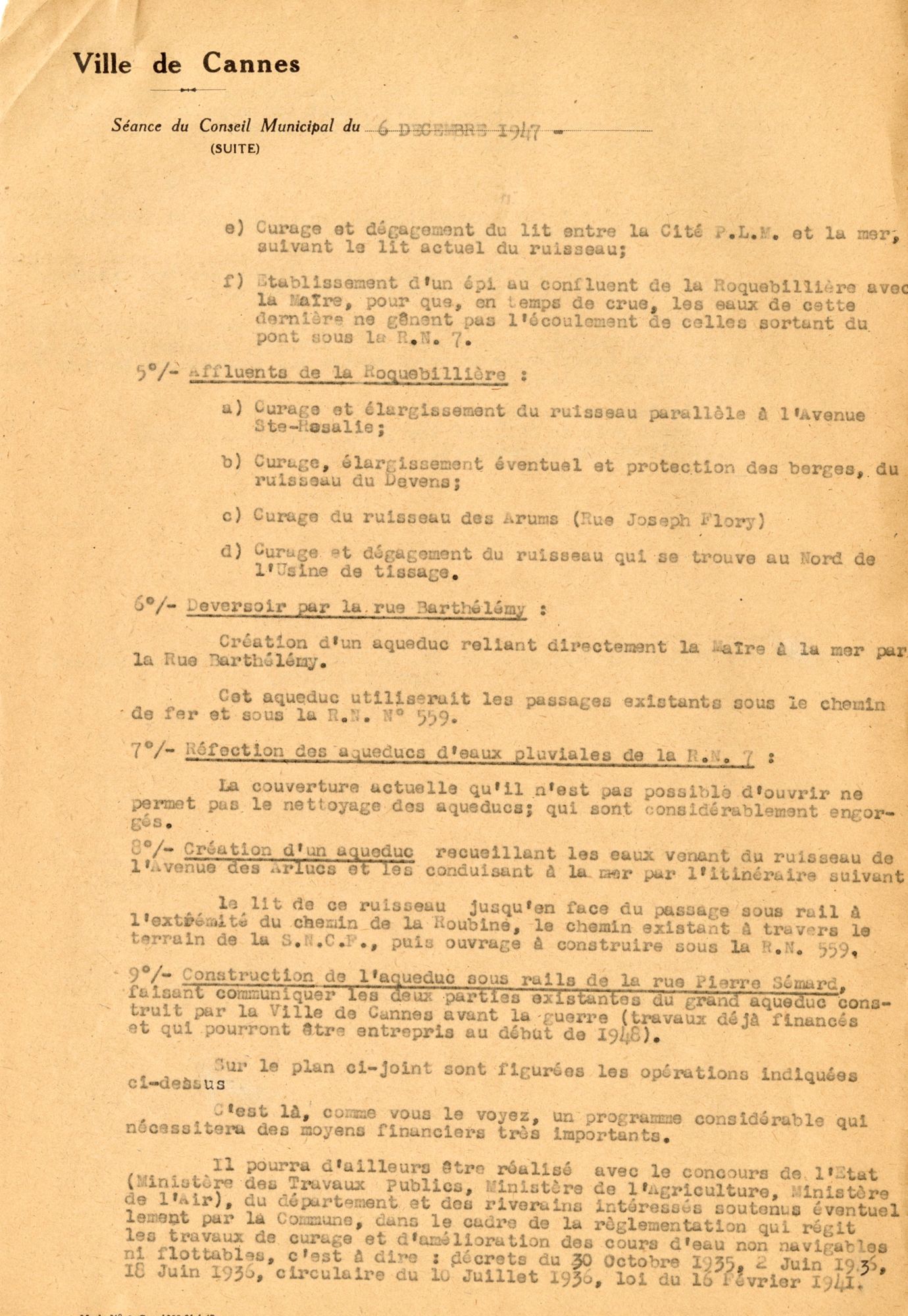 Travaux de défense des berges des vallons de la Roquebillière et de la Frayère suite aux inondations de la Bocca. AMC, 22W620.