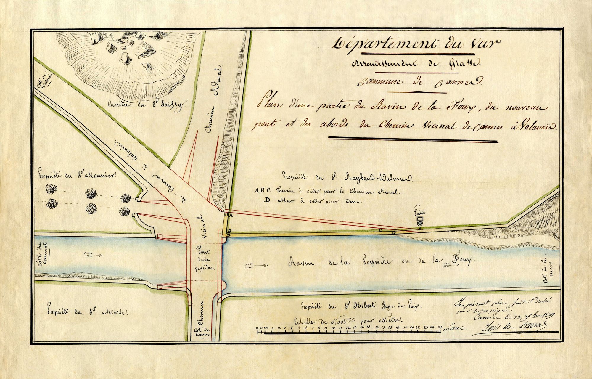 Plan d’une partie du ravin de la Foux, du nouveau pont et des abords du chemin vicinal de Cannes à Vallauris, dressé par Louis de L’Arras le 13 décembre 1829. AMC, 3O3.