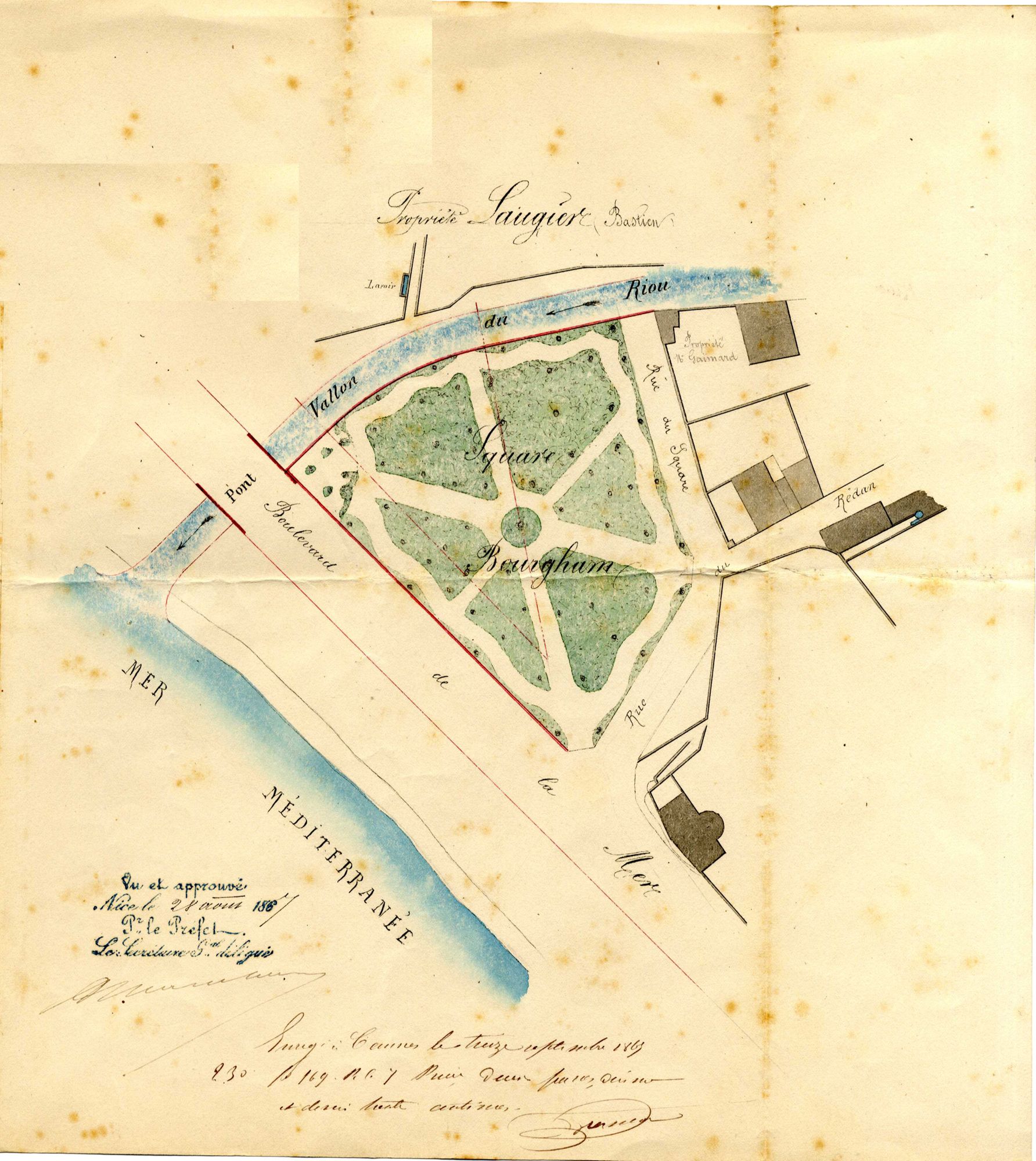 Projet d’endiguement du Riou (rive gauche), partie comprise entre le mur de clôture de la propriété de M. Gaimard et le pont en projet sur le dit Riou, plan des lieux dressé par l’agent-voyer communal à Cannes le 16 août 1867. AMC, 9O8.
