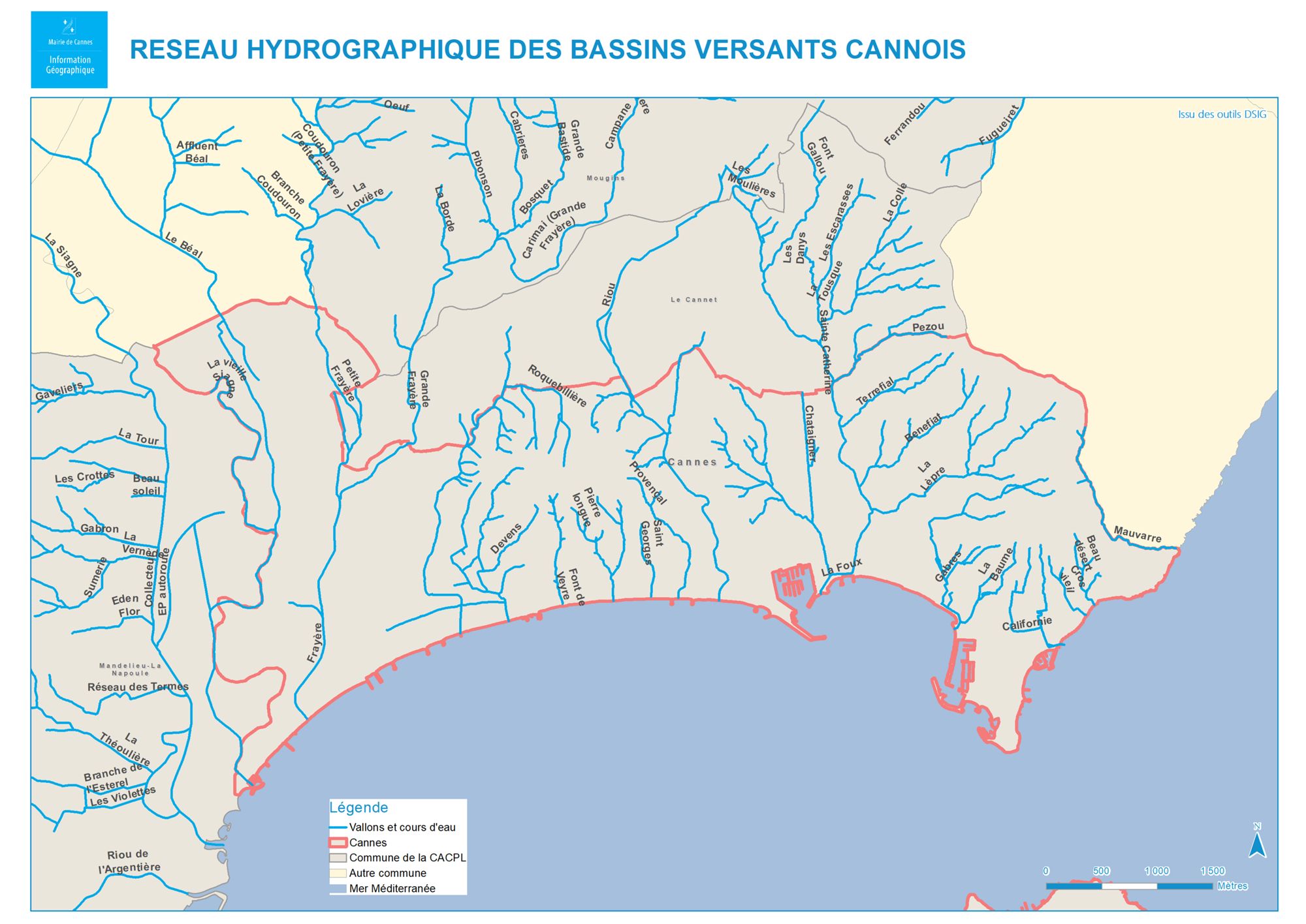 Réseau hydrographique des bassins versants cannois © Information géographique, Mairie de Cannes