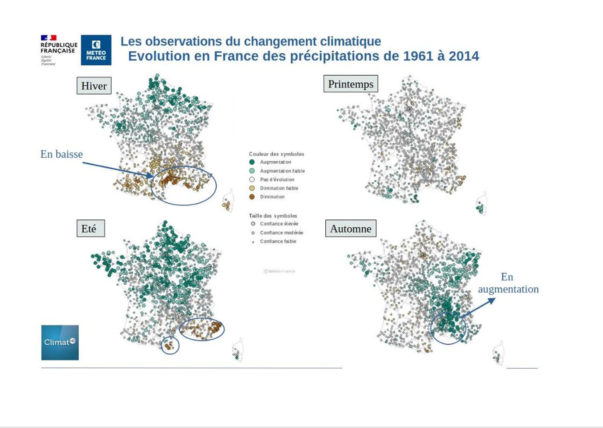 Les observations du changement climatique. Evolution en France des précipitations de 1961 à 2014 © Météo France
