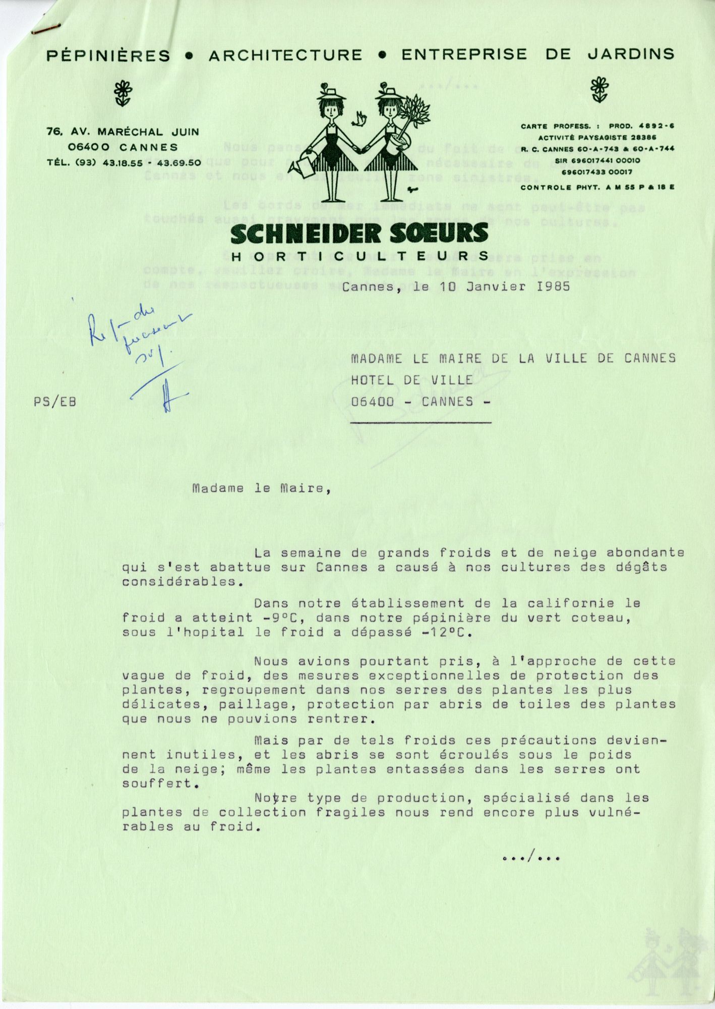 Déclaration de l’entreprise Schneider Sœurs, pépiniéristes, sur les dégâts occasionnés par le froid à leurs cultures. Lettre adressée au maire de Cannes, 10 janvier 1985. AMC, 43W187.