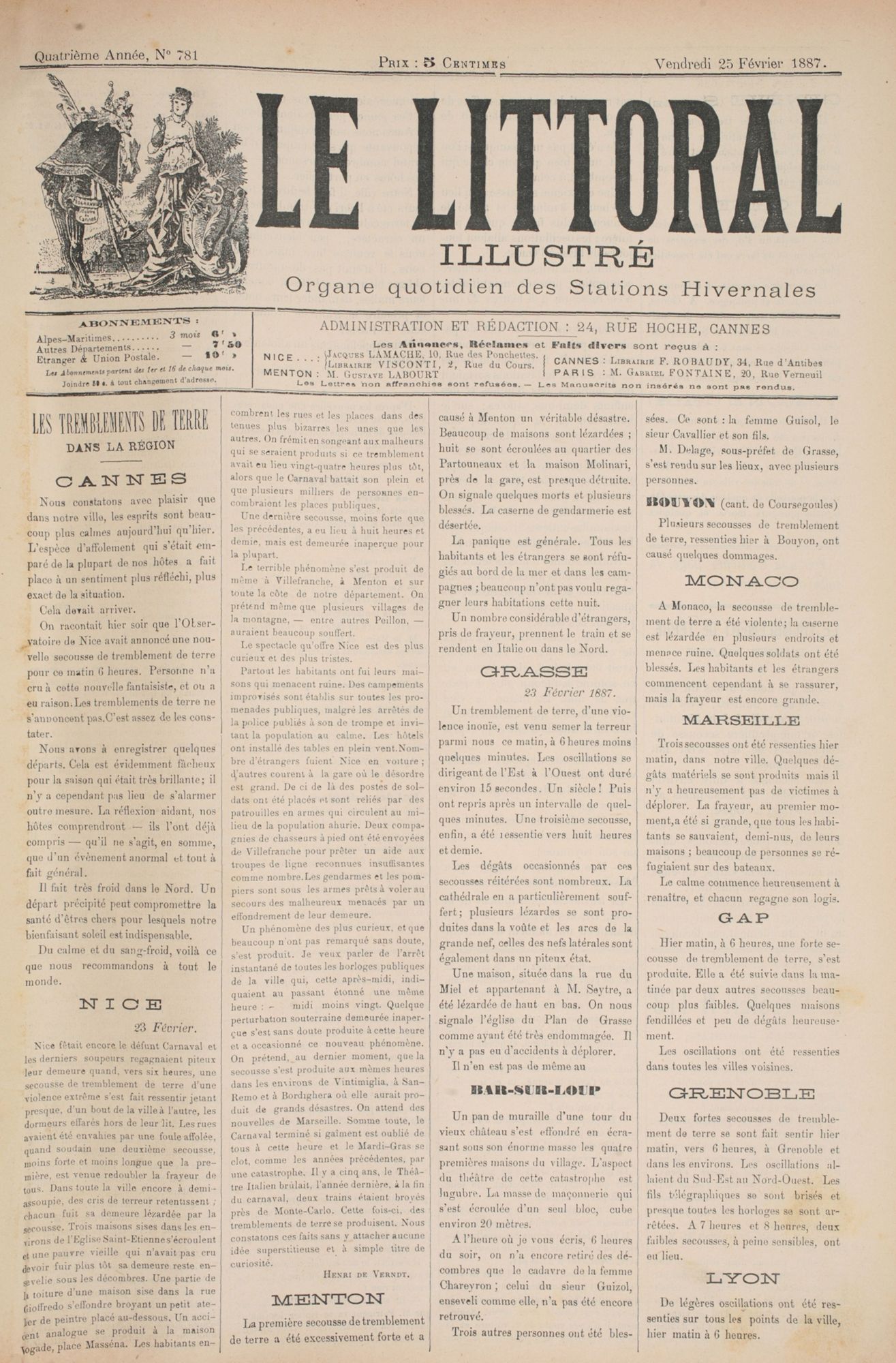 Les tremblements de terre dans la région. Le Littoral, 25 février 1887. AMC, Jx45.