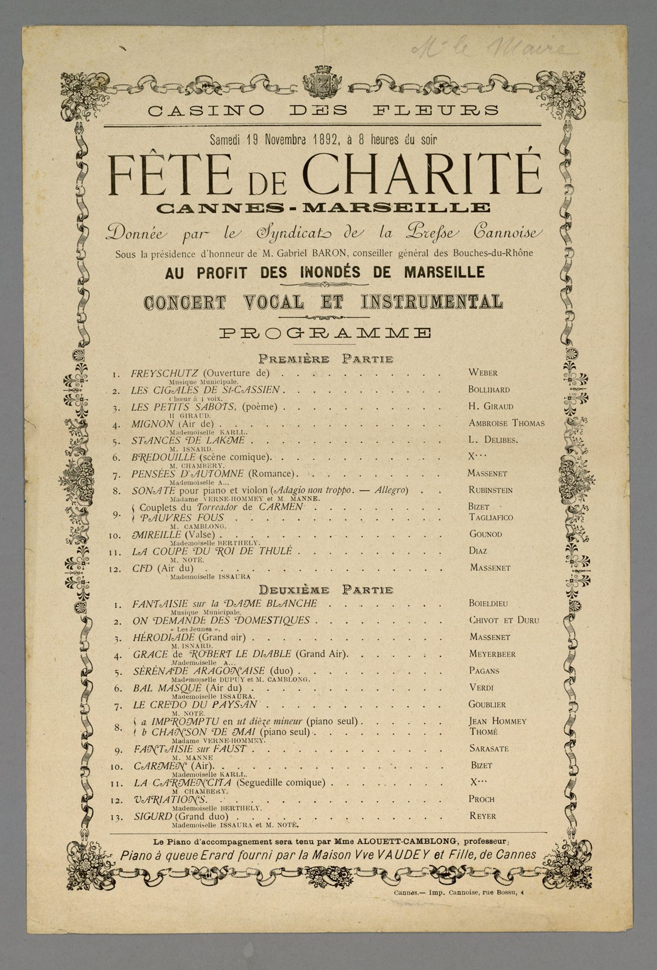 Gala de Charité au Casino des fleurs (quartier Montfleury) au profit des inondés de Marseille donnée par le Syndicat de la presse cannoise, 11 novembre 1892. AMC, 3R32.
