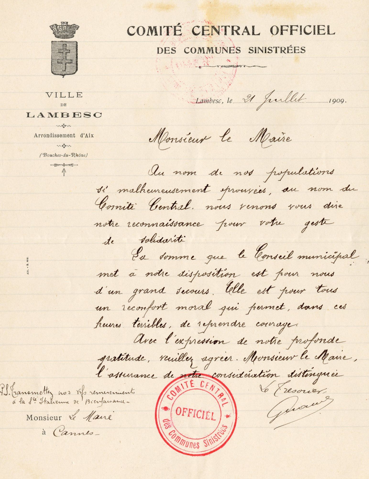 Lettre de remerciement du Comité central des communes sinistrées de Lambesc (Bouches-du-Rhône) adressée au maire de Cannes, 15 juin 1909.  AMC, 2L132.