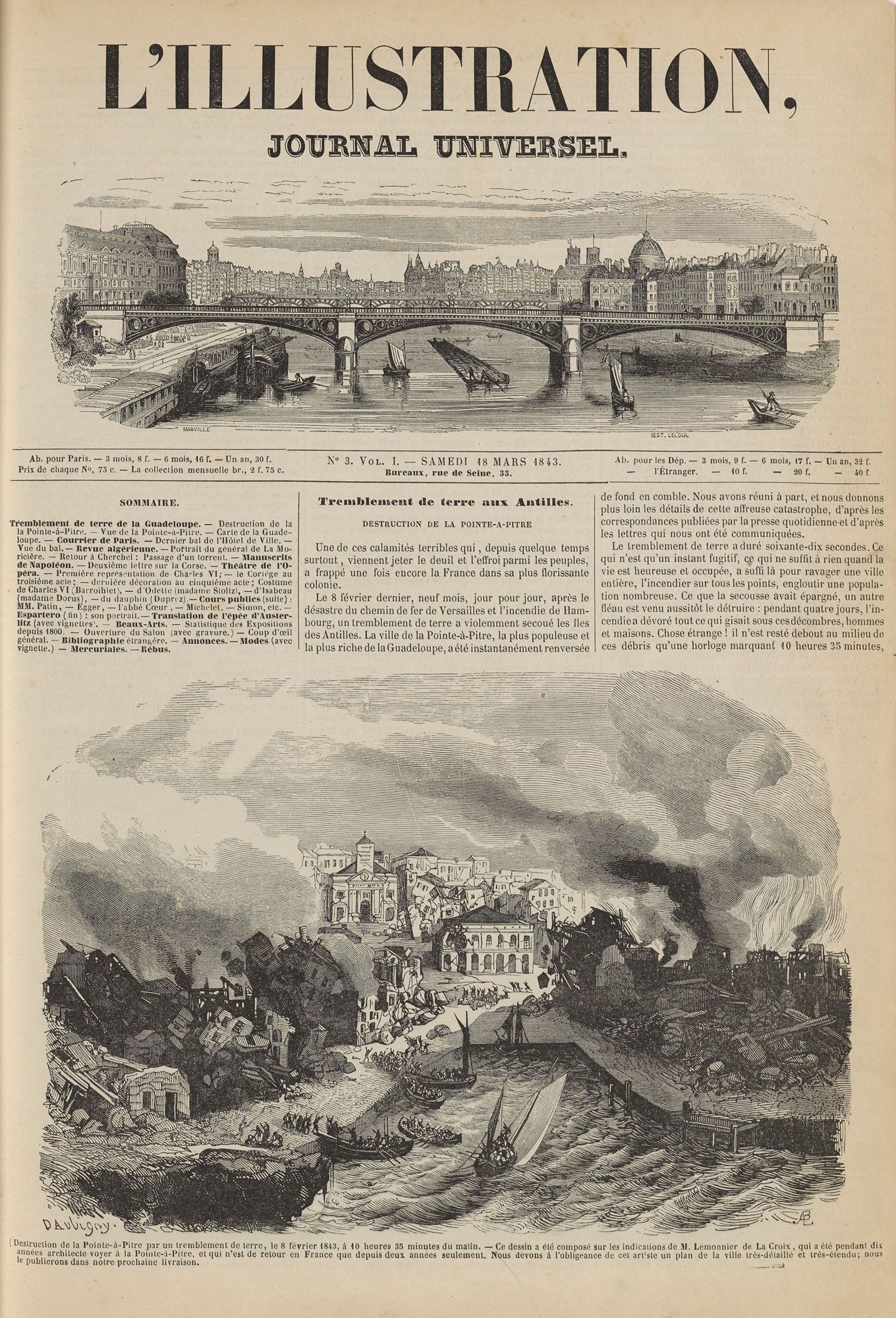 Le séisme du 8 février 1843 en Guadeloupe. L’Illustration, n° 3, vol. 1, 18 mars 1843. Bibliothèque nationale de France.
