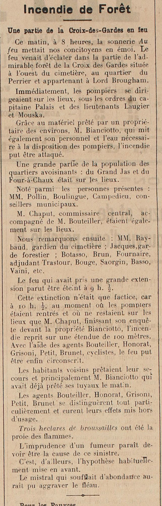 Incendie sur la Croix-des-Gardes Le littoral, n° du 8 juillet 1913. AMC, Jx45.