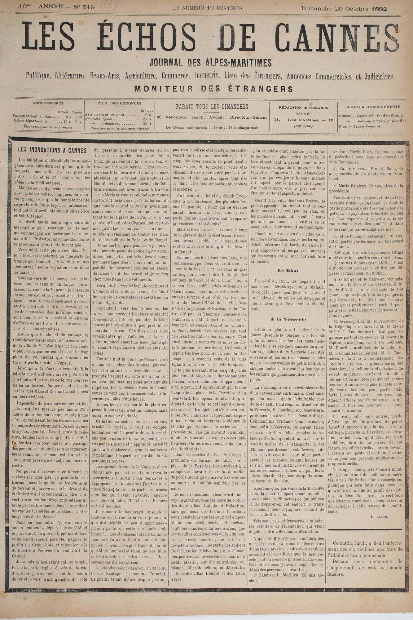 Les inondations de Cannes. Les Echos de Cannes, n° du 29 octobre 1882. AMC, Jx2.