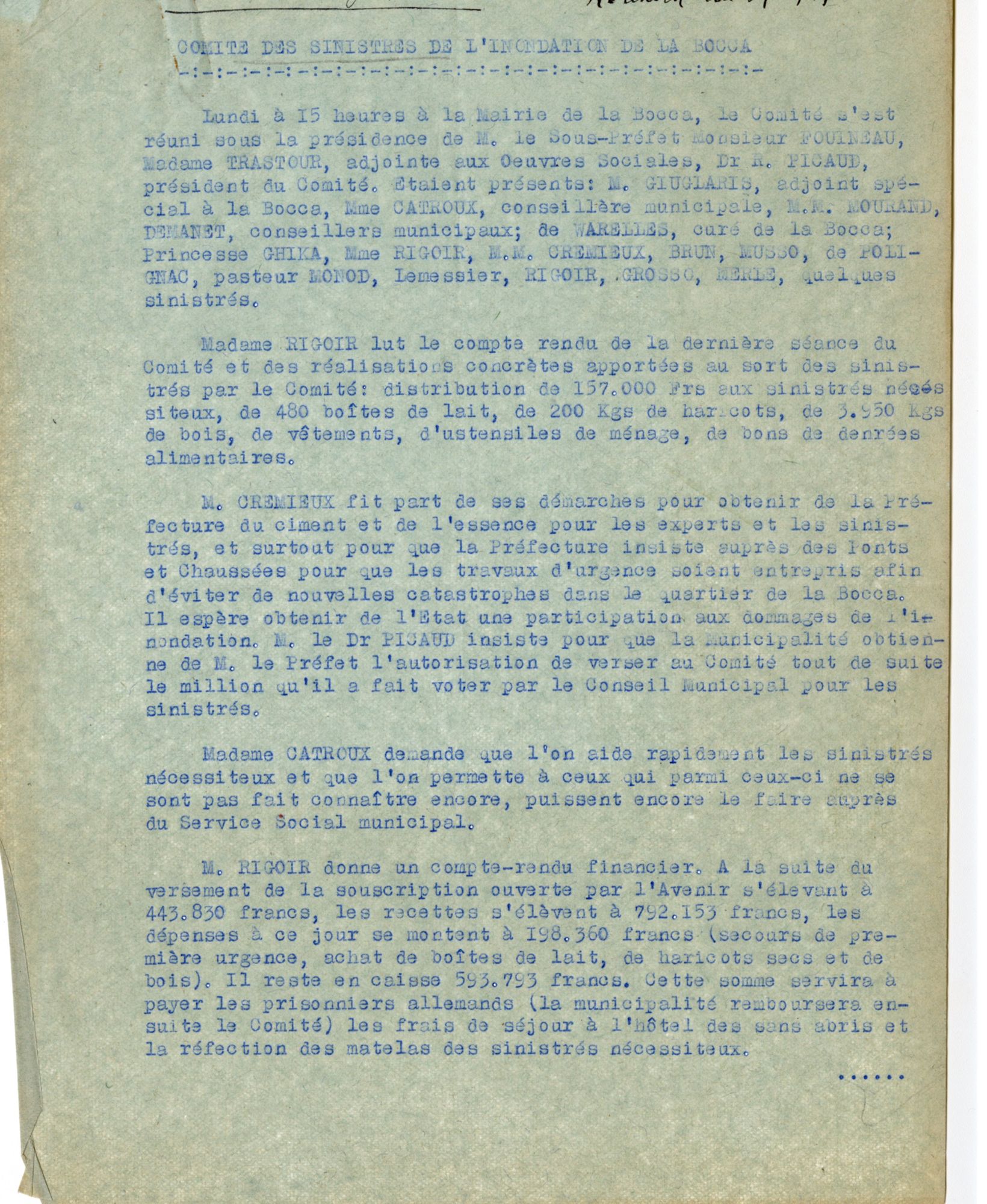 Comité des sinistrés de l’inondation de La Bocca, communiqué de presse au lendemain des inondations du 8 octobre 1947, l’aide aux sinistrés s’organise. AMC, 22W620.