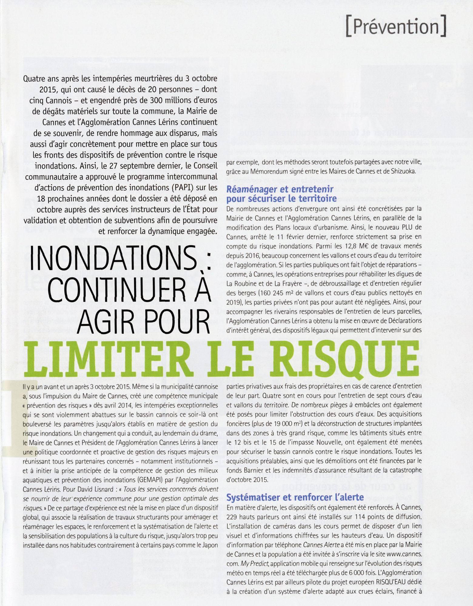 « Inondations : continuer à agir pour limiter le risque ». Cannes-Soleil, n° 201, novembre 2019. AMC, PER10